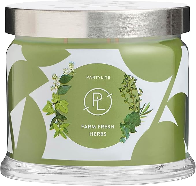 PartyLite Farm Fresh Herbs Scented, Notes of Eucalyptus, Thyme, Garden Mint, Cedarwood & Patchouli, 13.2oz 3-Wick Jar Candle, 45 Hour Burn Time, Luxurious Fragrance, Ideal for Gifting - Bloomnest