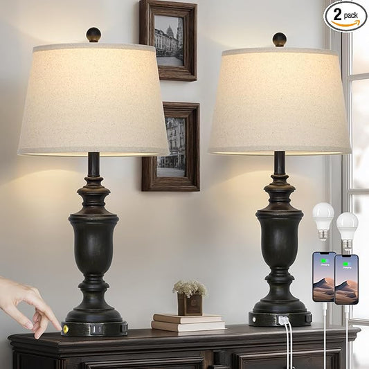 26" Black Table Lamps Set of 2 with USB C+A Ports & AC Outlet for Farmohouse Living Room Retro Bedroom,3-Way Dimmable Touch Lamp Resin Bedside Lamps for Nightstand Side End Table,Black - Bloomnest