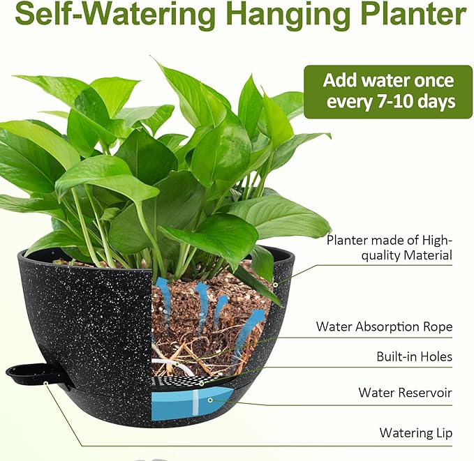 WOUSIWER Self Watering Hanging Planters, 2 Pack 12'' Plastic Pots with Drainage Holes & Reservoir Tray (Speckled Black) | Indoor & Outdoor Use for Ferns, Ivy, Herbs, Succulents - Bloomnest