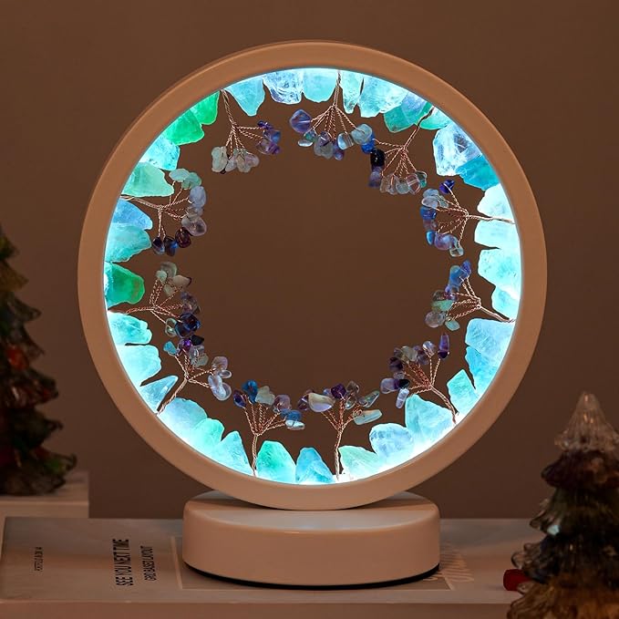 Runyangshi Natural Crystal Green Fluorite Small Tree Round White Frame Tri-Color Ambient Light Home Decoration Night Light Mother's Day Gift - Bloomnest
