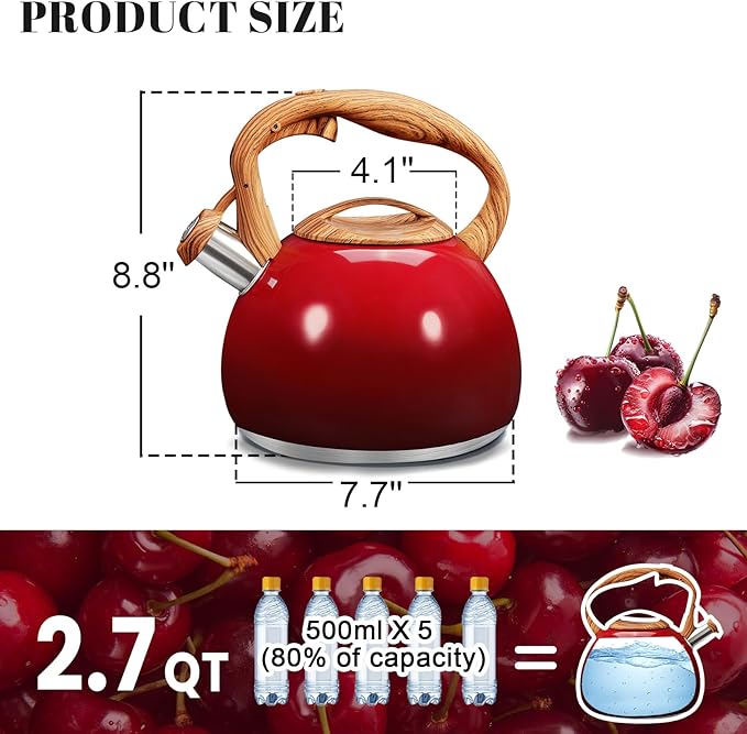 GGC Tea Kettle for Stove Top, 3.1QT/3L Whistling Tea Kettles for Boiling Water Coffee or Milk, Gradient Red Pot with Wood Parttern Handle, Stainless Steel Kettle Pot for Home and Kitchen - Bloomnest
