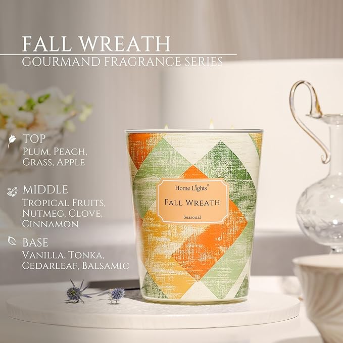 HomeLights Large jar Candle | 3-Wick Long-Lasting Scented Candles, 34oz Natural Soy Wax Candle for Home Scented, Rustic Modern Gifts for Women & Men, Fall Wreath - Bloomnest