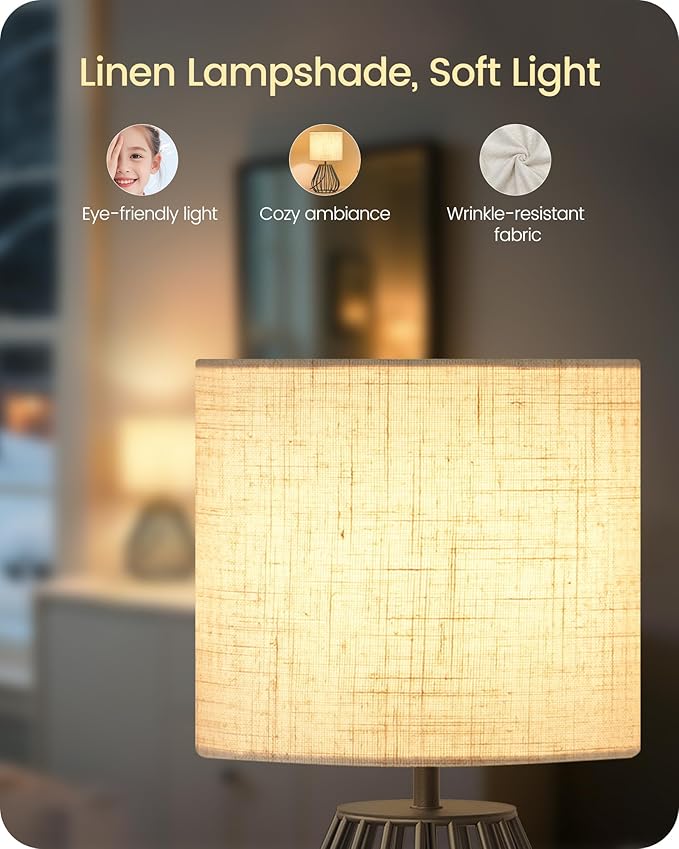 Small Bedside Table Lamp, Black Table Lamp with Metal Cage & Linen Lampshade, Modern Cute Desk Lamp, Cozy Nightstand Lamp for Bedroom, Living Room, Office, 2700K LED Bulb Included, E06TL05 - Bloomnest