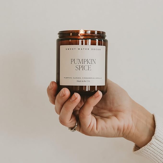 Sweet Water Decor Pumpkin Spice Candle - Fall Candles with Pumpkin, Clover, Cinnamon & Vanilla Scent for Home - Autumn Candle with 40 Hours Burn Time - 9Oz Black Lid Amber Jar Pumpkin Soy Candles - Bloomnest
