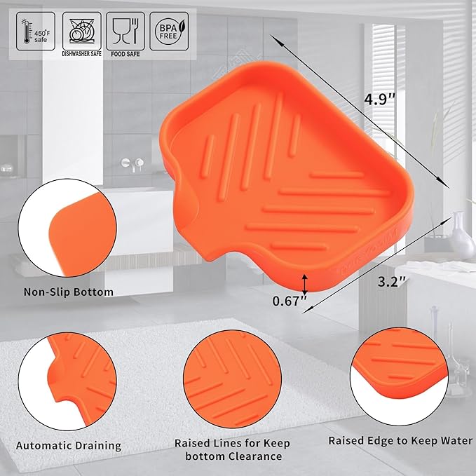 Silicone Bathroom Soap Dishes with Drain Spout-Bathroom and Kitchen Sink Organizer,Sponge Holder,Dish Soap Tray,Perfect for Dispenser,Scrubber,Bottle,Cup on Sink or Counter-Orange 4.9"×3.2" - Bloomnest