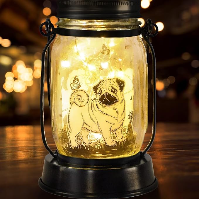 kyoryuger Pug Dog Gifts for Women/Men Pug Dog Solar Lanterns Mom Birthday Gift Pet Loss Lantern Pet Memorial Lights Solar Garden Decoration for Yard, Patio,Backyard,Porch Torches - Bloomnest