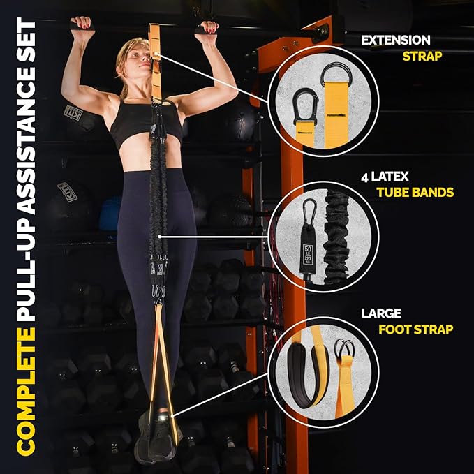 Pull Up Assistance Bands Set - 4 Heavy-Duty Pull Up Bands, Height Adjustable Strap & Comfortable Foot Strap - Stackable Pull Up Resistance Bands for Pull Ups - Bloomnest