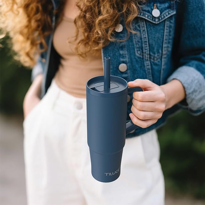 TILUCK 30 oz Tumbler with Handle, Vacuum Insulated Stainless Steel Travel Mug with 100% Leak-Proof Silicone Straw Lid, Cupholder Friendly Water Bottle(DarkBlue, 30oz)