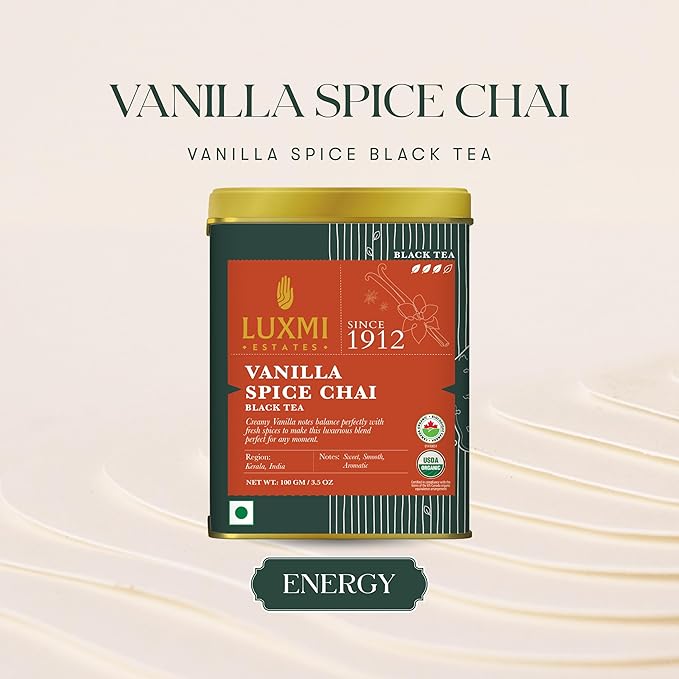 LUXMI Estates Vanilla Spice Chai 100Gm Loose Leaf Tin | Certified Organic Black Tea Leaf | Smooth, Flavorful, Robust, Caffeinated | Darjeeling & Assam Tea From India, 100 grams - Bloomnest
