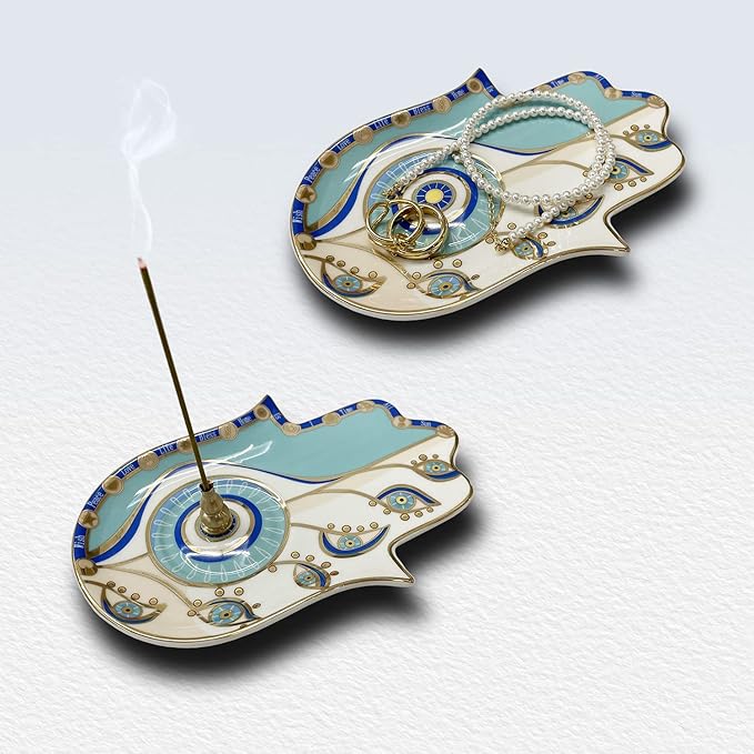 Ceramic Hamsa Hand Incense Holder - 2 in 1 Brass Incense Holder for Sticks and Coil Incense- Zen Decor with Hand of Fatima Design Protection from Evil - 6.2" L X 4.5" W (Blue) - Bloomnest