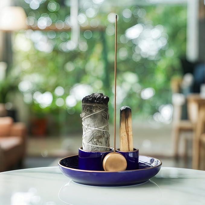 4 in 1 Incense Holder, Ceramic Incense Stick and Palo Santo Holder,Sage Holder for Burning- 5.5" Ceramic Ash Catcher Tray for Meditation and Yoga Room (Blue Golden) - Bloomnest