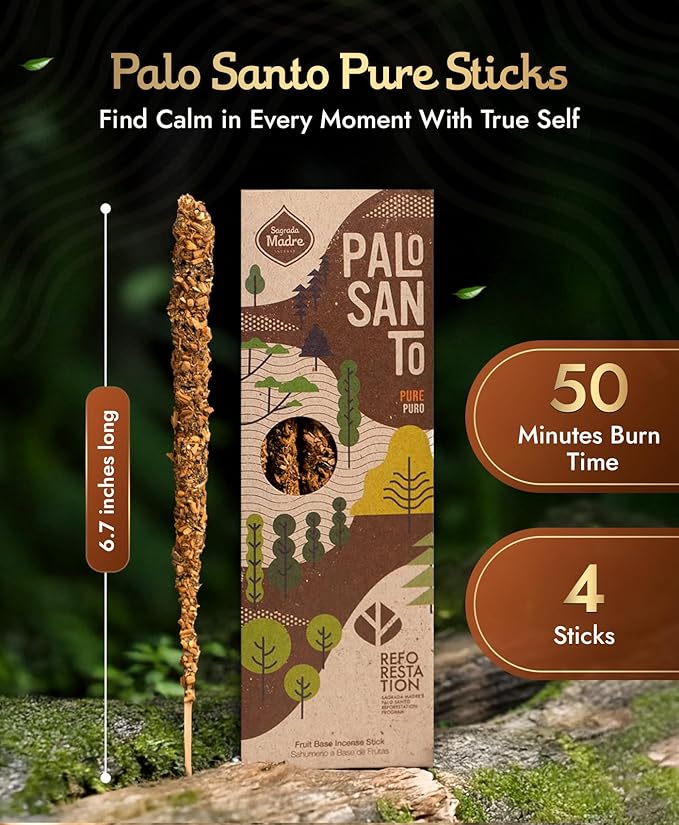 Sagrada Madre 4pcs Wildly Harvested Palo Santo Incense Sticks, 6.7” Long - Pure, Non-Toxic, Aromatic Incense Sticks (50 min Approx. Burning Time) to Heal & Calm Your Body and Environment SagradaMadre