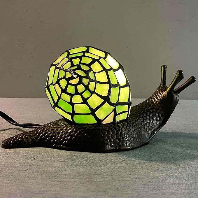 Bieye L10964 Land Snail Tiffany Style Stained Glass Accent Table Lamp for Home Decoration (Green, 10" D x 5" W x 5" H) - Bloomnest
