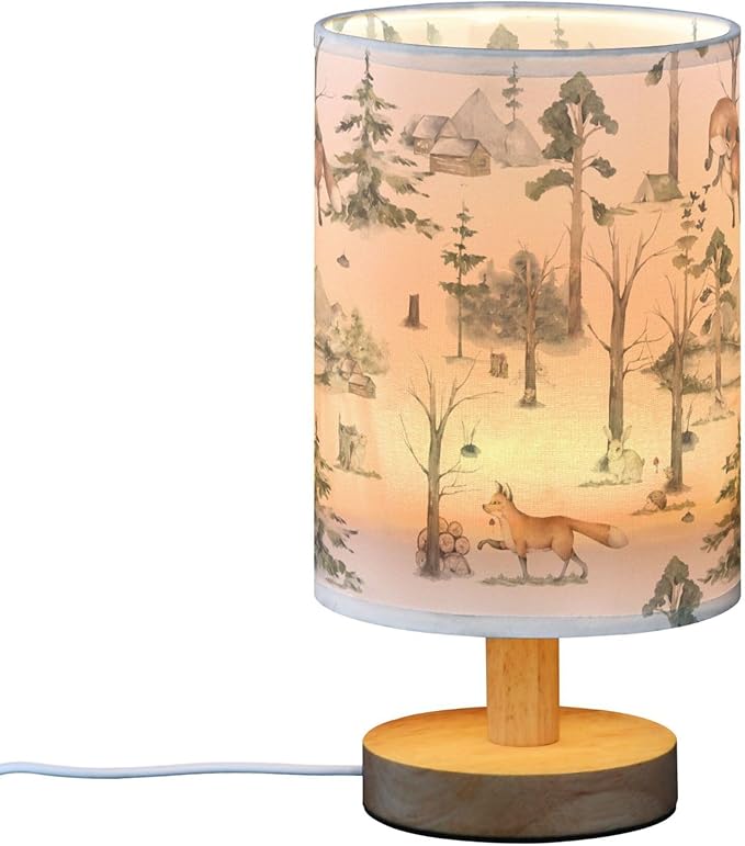 Table Lamp Watercolor Woodland Animal Pattern Fox Rabbit Hedgehog Bird Nightstand Lamp with Wood Base Fabric Lamp Shade Bedside Desk Lamp for Living Room Bedroom Kids Room Office - Bloomnest