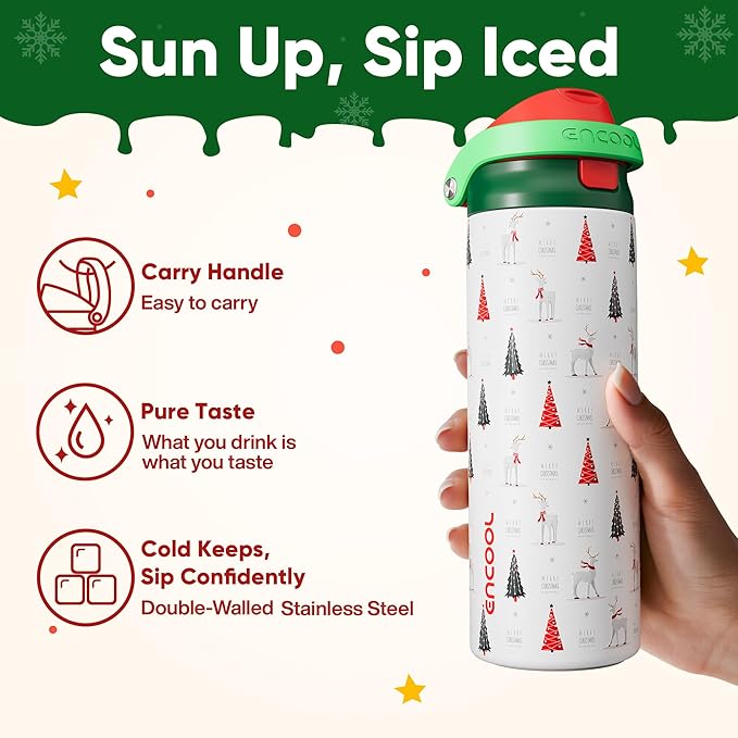 ENCOOL Christmas SwiftSip Insulated Water Bottle with Straw, Stainless Steel Water Bottle, Leak Proof BPA-Free, Keeps Cold for 24 Hours for Sports, Christmas Holiday Gifts for Women, 24oz, Nordic Noel ENCOOL