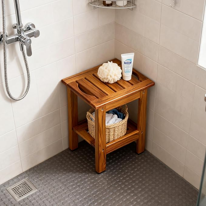 Utoplike Teak Shower Stool, Compact Shower Bench with Shelf & Handle, Foot Rest for Shaving Legs, 2-Tier Small Wooden Bath Seat with Non-Slip Feet for Bathroom, Bathtub, or Outdoor Use - Bloomnest