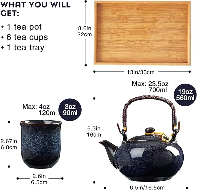 DUJUST Japanese Tea Set for 6, Kiln Altered Glaze Porcelain Tea Set with 1 Teapot, 6 Tea Cups & 1 Tea Tray, Unique Chinese Tea Sets for Adults/Tea Lovers/Women/Men, Dark Blue - Bloomnest