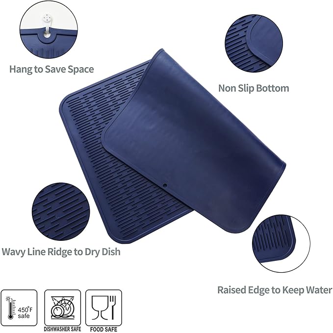 Silicone Dish Drying Mat for Multiple Usage,Easy clean,Eco-friendly,Heat-resistant Silicone Mat for Kitchen Counter or Sink,Refrigerator or Drawer Liner Navy Blue 3XL 28 inches x 18 inches - Bloomnest