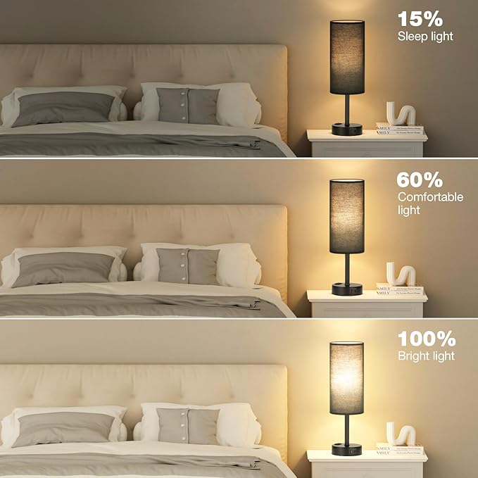 Fenmzee Black Bedroom Lamp for Nightstand - 3 Way Dimmable Bedside Lamp USB C A Charging Ports and AC Outlet, Small Table Lamp Black Base for Living Room, Office Desk, LED Bulb Included - Bloomnest