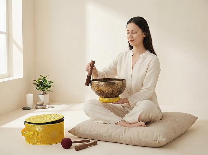 Tibetan Singing Bowl Set — 9 Inch Hand-Hammered Singing Bowl, 7 Metal Alloy, 2 Mallets, Silk Brocade Cushion and Carry Bag, Meditation Sound Bowl for Healing Chakra Yoga Mindfulness Khusi+Inc