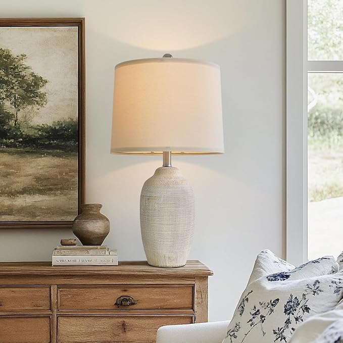 24 inch Vintage Ceramic Table Lamp - Single Farmhouse Rustic Bedside Lamp with Natural Textured Finish, Nightstand Lamps for Living Room, Bedroom, End Table - Bloomnest