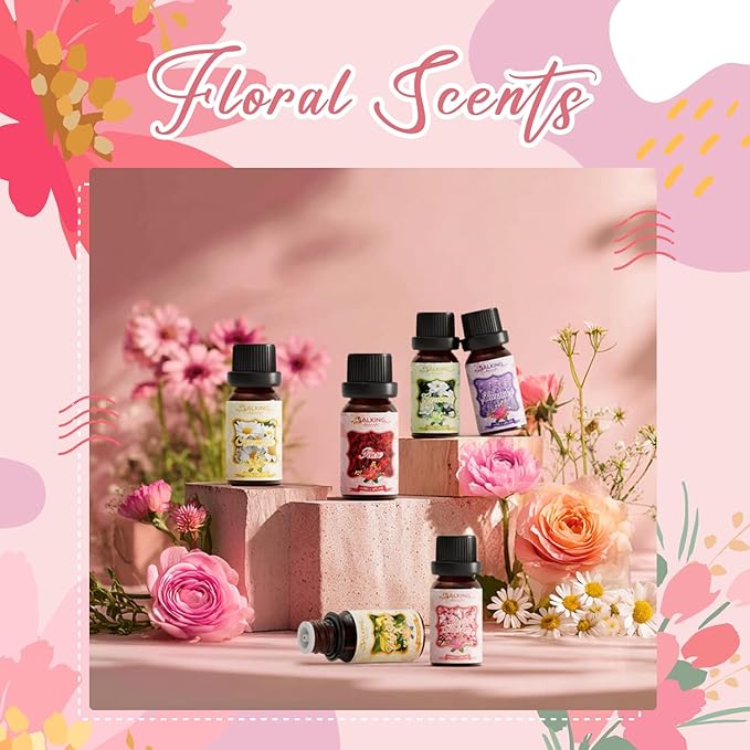 SALKING Floral Essential Oils Set, Premium Pure and Natural Essential Oils, Fragrance Oil Scented Oils for Oil Diffusers 6 x 10 ML - Lavender, Rose, Cherry Blossom, Ylang Ylang, Gardenia, Chamomile - Bloomnest