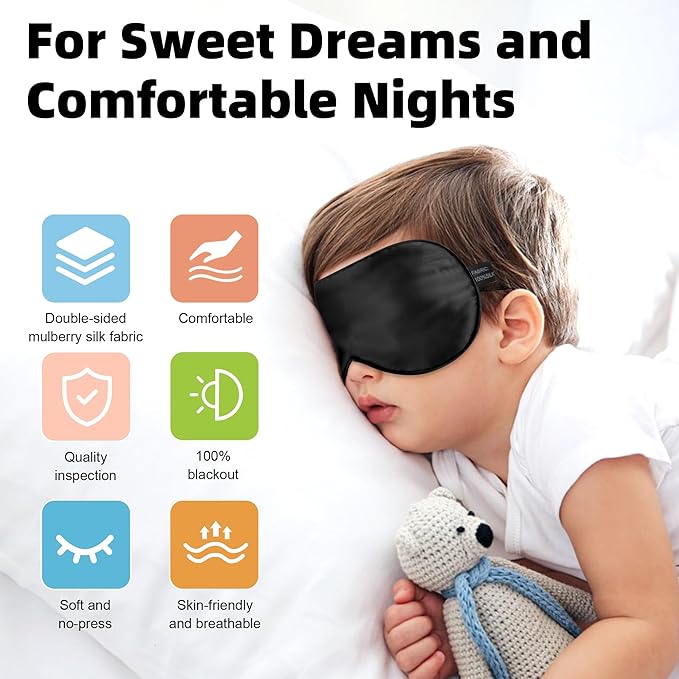 Silk Sleep Eye Mask for Kids, 100% Real Natural Pure Silk Sleeping Masks, Blindfold Sleep Eye Cover with Adjustable Strap, Soft & Lightweight Night Eyeshade for Boys Girls Teens (2 Pack)