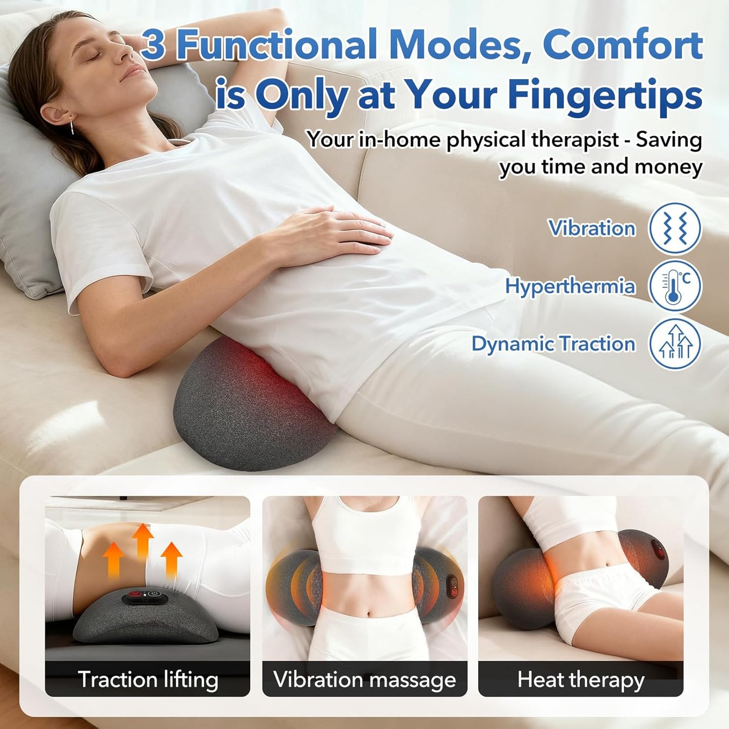3 in 1 Rechargeable Back Massager with Heat, Height Adjustable for Bed and Chair, Electric Lumbar Support Pillow Back Massager, Relieves Deep Tissue Pain, Lumbar Wedge Cushion