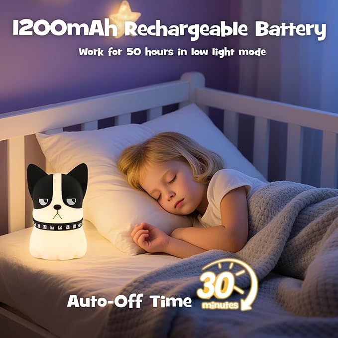 Squishy Puppy Night Light with RGB Mode 3 Brightness Adjustable Nursery Breastfeeding Nightlight Cute Novelty French Bulldog Animal Lamp Rechargeable Silicone Touch Bedside Lamp for Bedroom Dorm Decor - Bloomnest