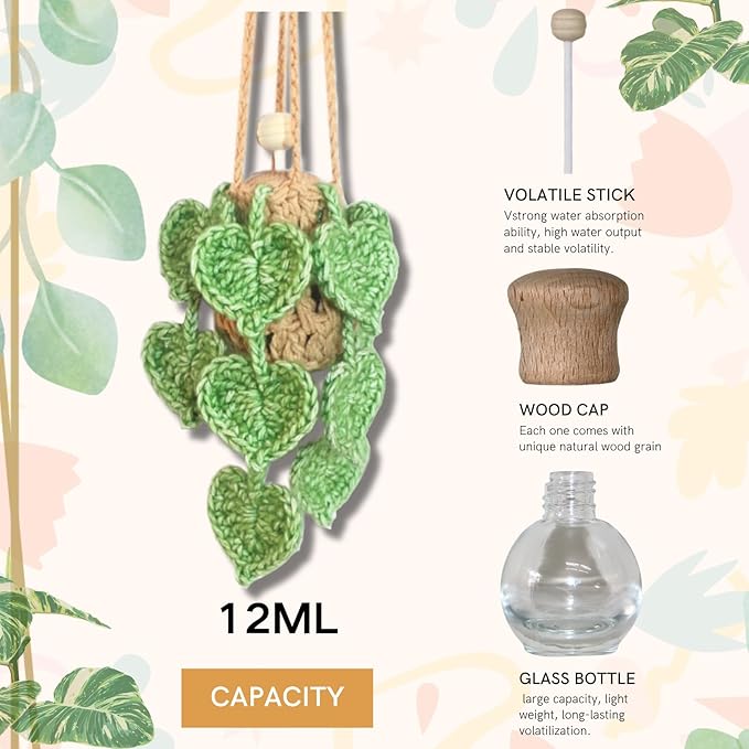 Handmade Crochet Hanging Car Air Freshener- Lifelike Green Pothos for Hanging with 12ml Thick Refillable Glass Diffuser Bottle, Suitable Decor for Car Rearview Mirror, Home & Wellness Spaces - Bloomnest