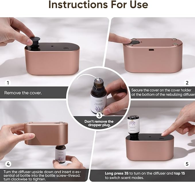 Waterless Diffuser for Essential Oil, Battery Operated Scent Air Aromatherapy Diffuser, Mini Aroma Diffusers with 3 Intermittent Mist Modes, Cycle Start for Home Office Bedroom - Rose Gold - Bloomnest