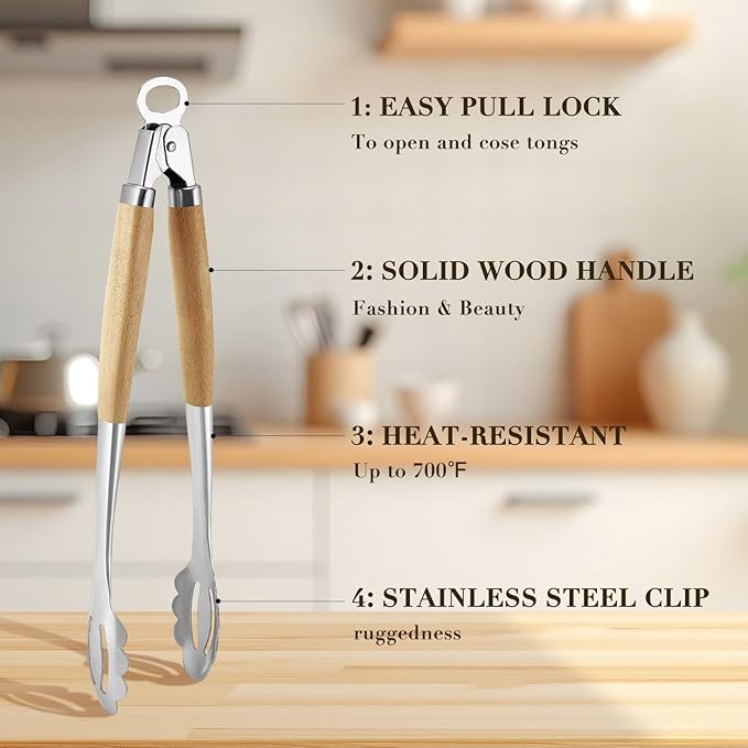 KULUNER Stainless Steel Barbecue Tongs with Solid Wood Handle, Kitchen Metal Locking Design, Extra Long 17.5 Inches 700 Degrees, Suitable for Food Cooking, Salad and Outdoor Grilling(Beechwood) - Bloomnest