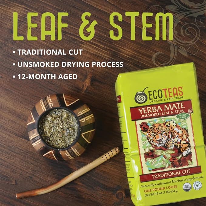 ECOTEAS Organic Yerba Mate Loose Leaf Tea – Unsmoked Detox Herbal Tea for Natural Energy – Coffee Alternative - Kosher, Non-GMO, Gluten-Free - Traditional Cut, 1 lb (Pack of 3) - Bloomnest