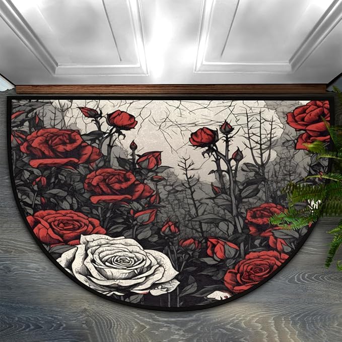 Half Round Door Mat, Vintage Roses Non-Slip Half Circle Area Rug Flowers Art Doormat Washable Durable Home Decor Half Moon Rug for Floor Indoor Outdoor Living Room Bedroom Kitchen Patio - Bloomnest
