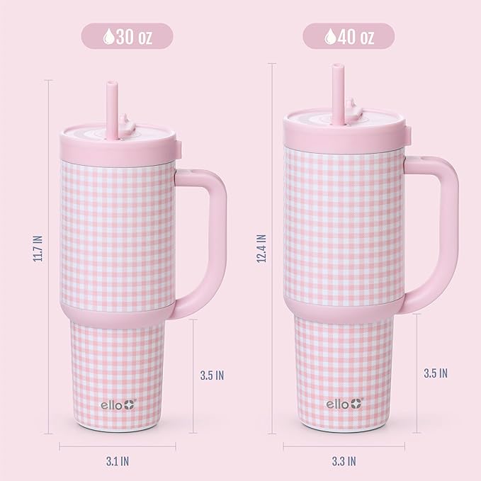 Ello Oasis 40 oz Tumbler with Handle & Retracting Straw | Reusable Insulated Stainless Steel Cup 100% Leakproof, Gifts for Teens Women Men | Keeps cold for 24 Hours, Cup Holder Friendly, Pink Gingham - Bloomnest