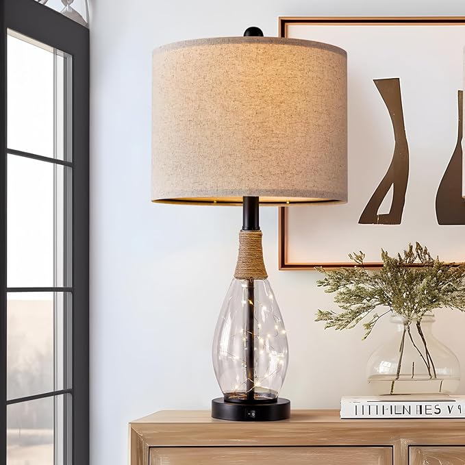 OYEARS 23" Farmhouse Table Lamps for Living Room,Boho Rattan Bedside Lamps with USB-C & USB-A Ports, Glass Nightlight, Dual Light Sources, Black - Bloomnest