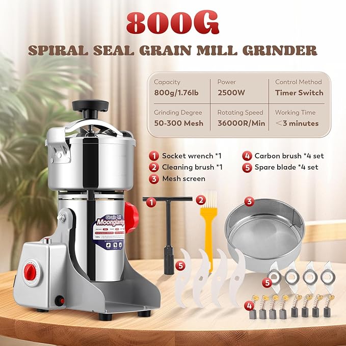 Moongiantgo Upgraded Spiral Seal Grain Mill Grinder Electric 800g 2500W High Speed Spice Grinder Pulverizer Dry Grinding Machine for Dry Cereal Bean Corn Wheat Herbs, with 4 Set Blades (800g, 110V) - Bloomnest