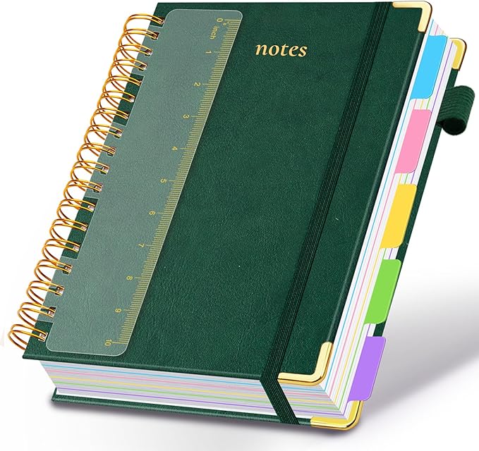 Hardcover Spiral Notebook 8.5"x11" Journal Notebook with Tabs and Removable Dividers 300 Pages 5 Subject Notebook College Ruled, Faux Leather Spiral Bound Notebook for Women School Work(Green) - Bloomnest