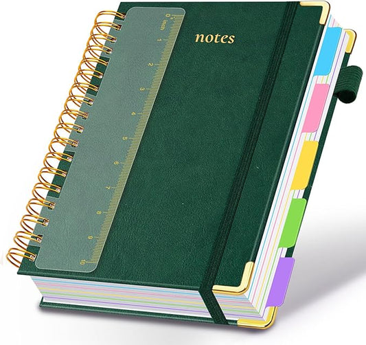 Hardcover Spiral Notebook 8.5"x11" Journal Notebook with Tabs and Removable Dividers 300 Pages 5 Subject Notebook College Ruled, Faux Leather Spiral Bound Notebook for Women School Work(Green) - Bloomnest