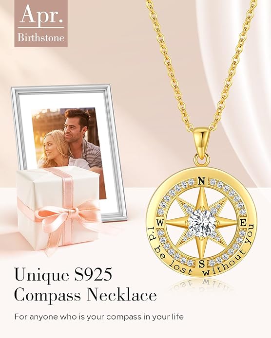 S925 Necklace Gift for Wife |Compass Jewelry |Women Anniversary |Sterling Silver |Girlfriend Birthday Gifts for Her Valentines |I'd be Lost without You |Jewel 18K Gold - Bloomnest
