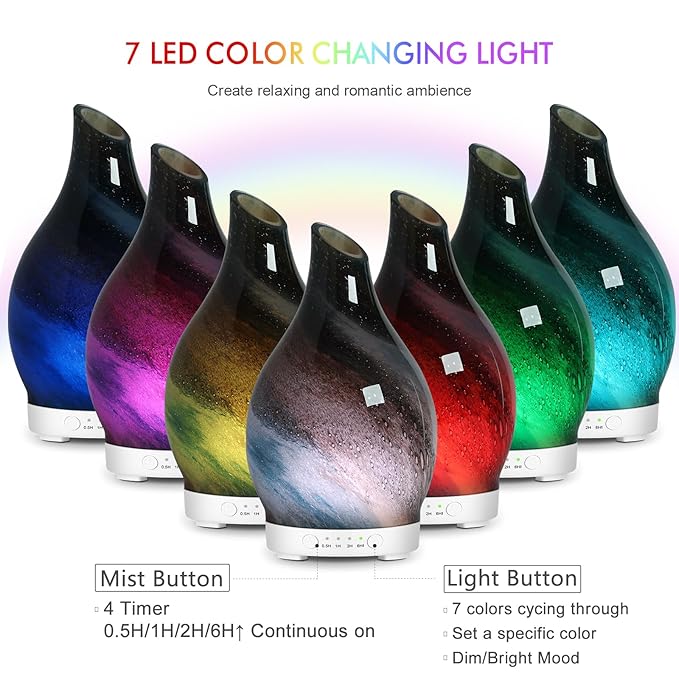 Aromatherapy Diffuser Essential Oil Diffuser - Glass Diffuser Ultrasonic Cool Mist Aroma Diffuser 150ml Scented Oil Diffuser with Auto-Off Protection & 7 Colors Night Light for Home Office Decor&Gift - Bloomnest