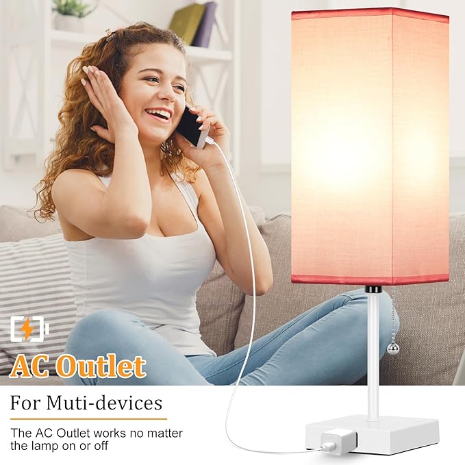 18'' Table Lamp for Bedroom set of 2,3-Color Bedside Lamps with Pull Chain Table Lamps for Night stands ,Small Night Light Lamps with 2 Bulbs Lamps for Living Room Kids Room Office Decor（Pink+White） - Bloomnest
