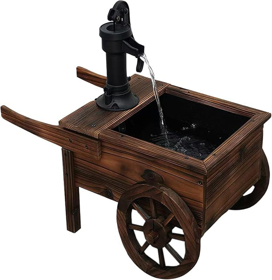 Carbonized Wood Outdoor Freestanding Fountain - Movable Vintage Hand Pump Cart, Plug-in Water Pump Electric Decorative Water Feature for Patio, Garden & Indoor Decoration - Bloomnest