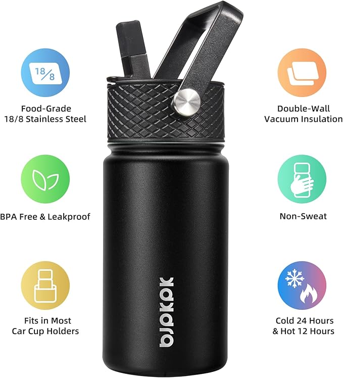 BJPKPK Water Bottle with Straw Lid, 15 oz Insulated Water Bottle, Stainless Steel Metal Water Bottles, Reusable Leak Proof BPA Free Thermo, Flask, Cups, Macaron-Black - Bloomnest