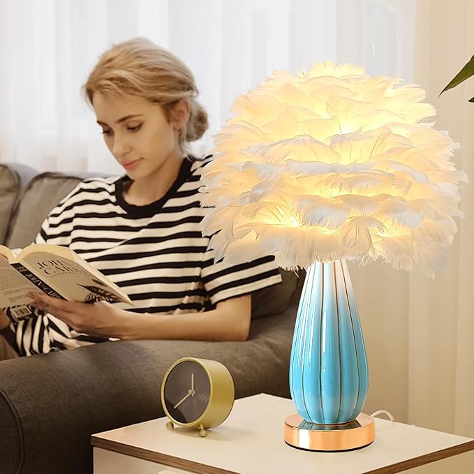 Chic White Feather Lamp Creative Feather Bedside Lamp Princess Nightstand Table Lamp Deco Romantic Atmosphere Desk Light for Cute Girl Bedroom Wedding Gift Living Room Hotel Ceramic Body - Bloomnest