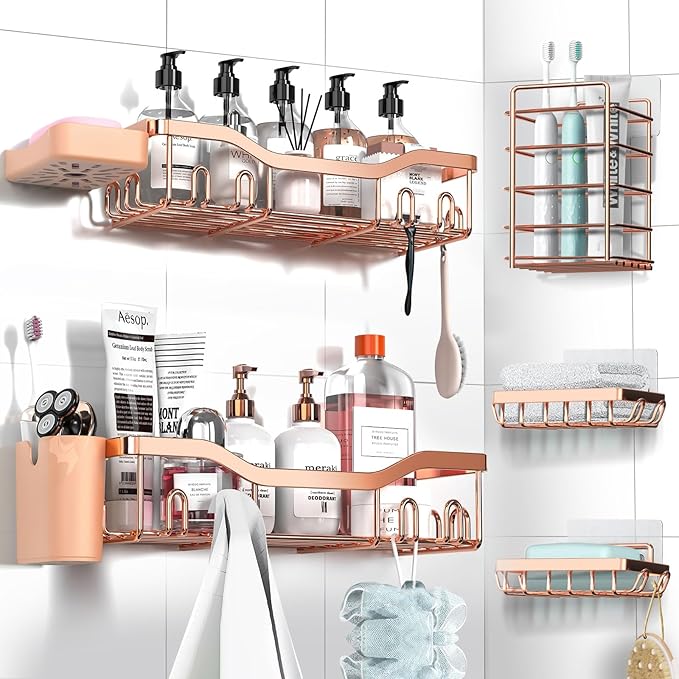 Shower Caddy Adhesive Shower Organizer 7-Pack, Rustproof Stainless Steel Bathroom Shelves, Large Capacity No-Drill Rack Storage Accessories with Soap Dish Toothbrush Holder Hooks - Bloomnest