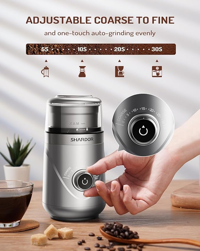 SHARDOR Electric Super Silent Blade Coffee Grinder, Timed Grind Control Rotary Knob, Adjustable Coarse to Fine for Coffee Beans, Spices & Herbs, with 1 Removable Stainless Steel Bowl, Sliver - Bloomnest