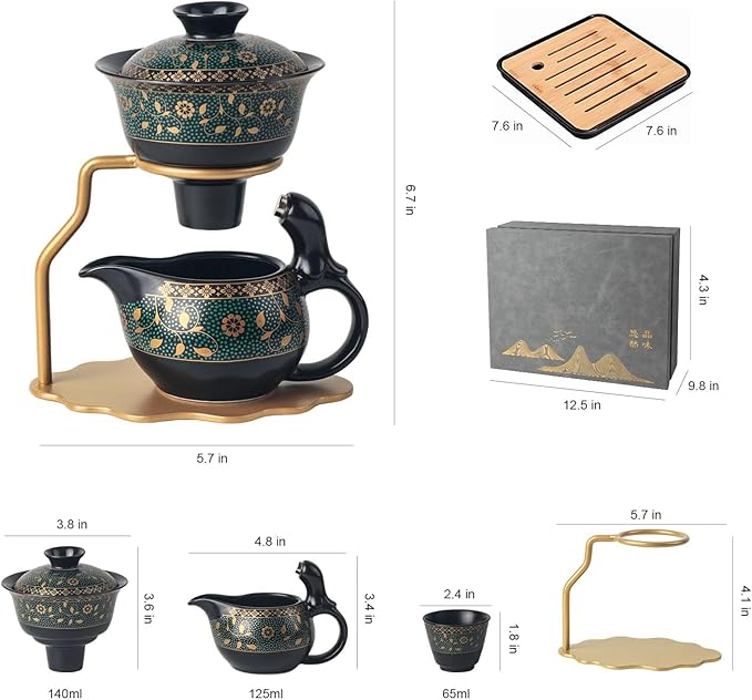 Bsigo Lazy Kungfu Ceramic Tea Set Semi Automatic Drip Rotating with Infuser Ceramic Teapot Set (4 cups), Magnetic Water Diversion Semi-Automatic Teapot Set Chinese Gongfu Porcelain Tea Pot Set - Bloomnest