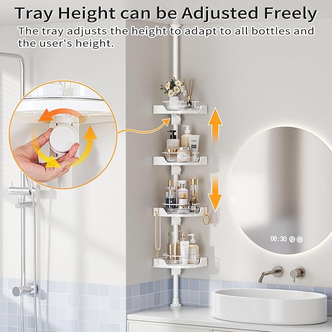 360° Rotating Corner Shower Caddy Tension Pole Organizer - 4-Tier Adjustable Rustproof Metal Pole, Plastic Shelves with Safety Guardrail, Bathroom Storage for Shower & Bathtub(White) - Bloomnest