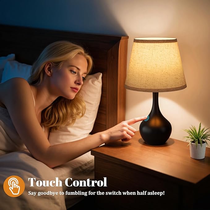 Seealle Touch Table Lamps for Bedroom Set of 2,3-Way Dimmable Small Bedside Lamps for Night Stands with Wires, Black Desk Lamps for Kids Room,Office,Living Room, End Table(LED Bulbs Included) - Bloomnest